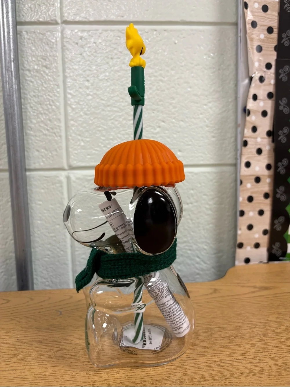 Starbucks Glass Snoopy cup with Orange Hat and Green Scarf